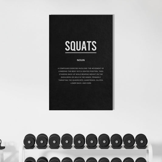 Gym interior with weightlifting equipment and a 'Squats' poster on the wall.